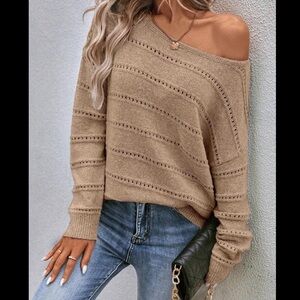 🍂 NWT SHEIN WOMENS SIZE SMALL TAN BOATNECK POINTELL SWEATER